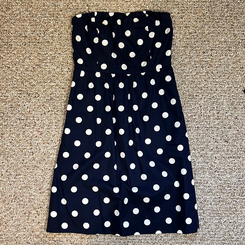 J. Crew Navy & White Cotton Strapless Polka Dot Dress, Size 0